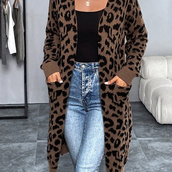 Brown Casual Women's Long Sleeve Leopard Print Long Cardigan Sweater - Picture 5 of 6
